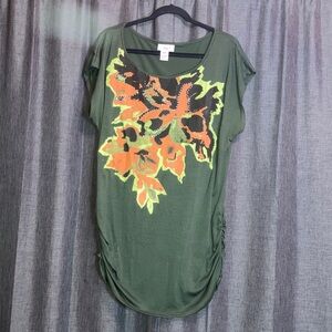 Stylish Olive Green Top with Vibrant Orange Floral Design